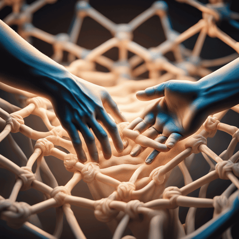 주황색과 파란색 빛이 있는 복잡한 신경망 또는 연결 네트워크 위에 손을 뻗고 있는 두 손, 인간 연결과 협업을 상징