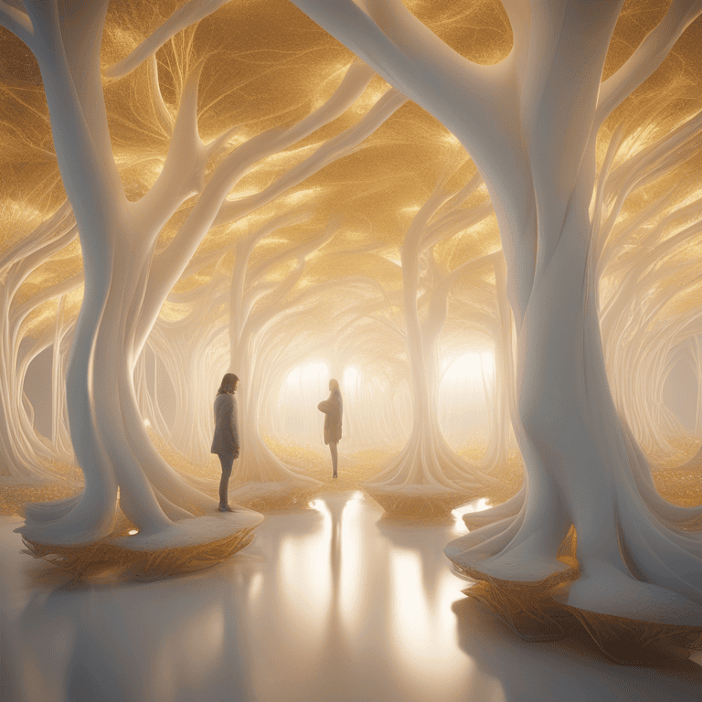 황금빛 조명이 있는 유기적 기둥이 있는 초현실적인 미래형 갤러리에 서 있는 두 사람의 실루엣, 부드럽게 흐르는 아치형 구조가 몽환적인 분위기를 연출