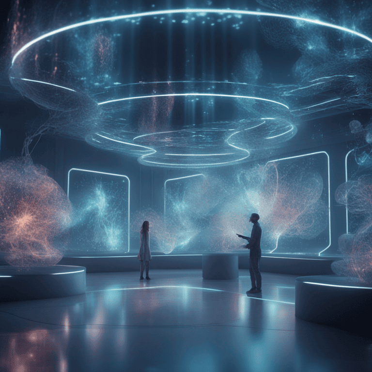 거대한 홀로그램 디스플레이와 빛나는 동심원 고리가 있는 미래형 몰입형 전시 공간에서 우주 시각화를 관찰하는 두 사람의 실루엣, 파란색과 분홍색 성운 효과