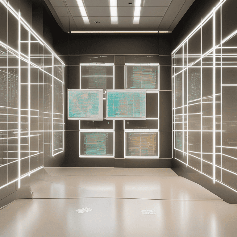 빛으로 구성된 사각 패널들이 벽면을 채우며 데이터 구조를 입체적으로 보여주는 분석 공간