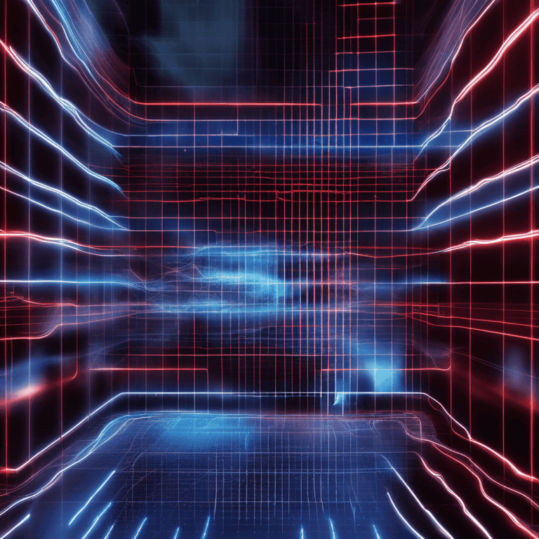 격자 구조와 광선이 얽혀 데이터가 이동하는 통로처럼 보이는 디지털 시각 효과