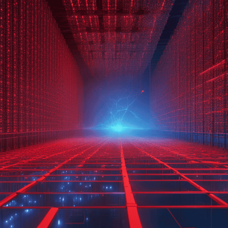 붉은빛과 푸른빛이 맞부딪히며 중앙에서 에너지처럼 퍼져나가는 데이터 네트워크 공간