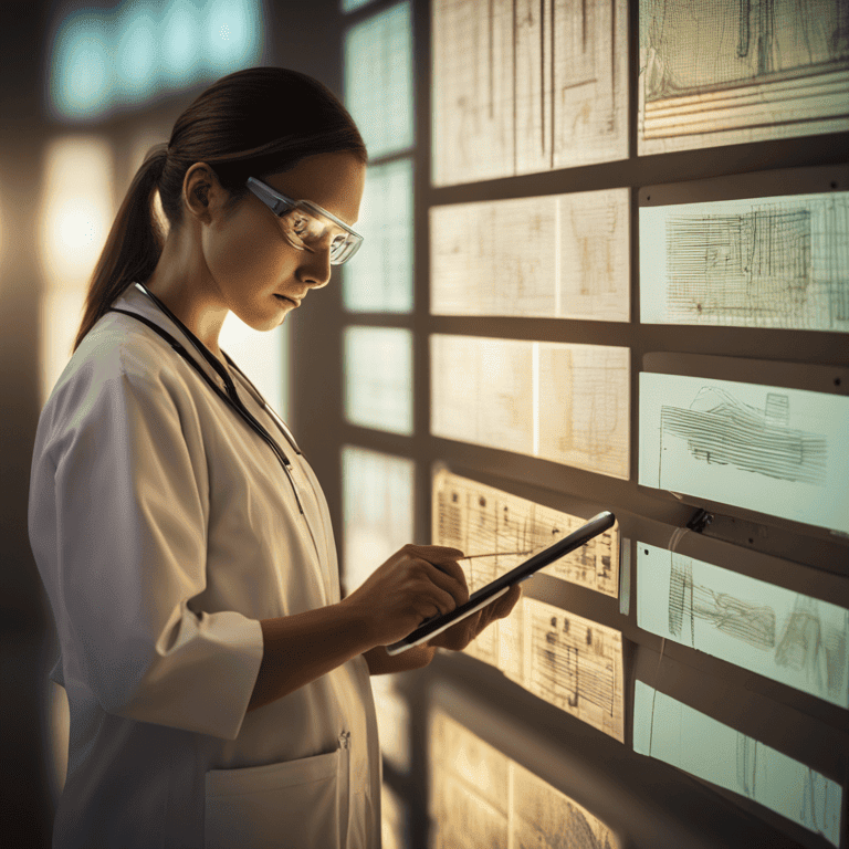 의료 데이터를 시각화한 패널을 확인하며 태블릿으로 기록을 분석하는 의료 전문가의 모습