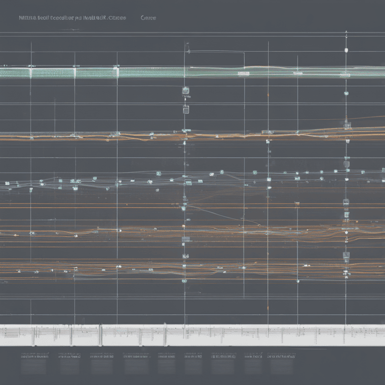 복잡한 데이터 흐름과 신호가 격자 형태로 기록된 대형 분석 패널의 시각화 이미지