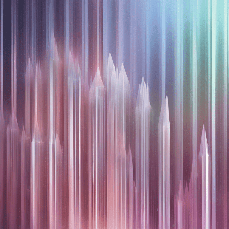 부드러운 파스텔빛이 수직으로 흐르며 크리스털 같은 형상을 만들어내는 추상적 빛 예술 작품