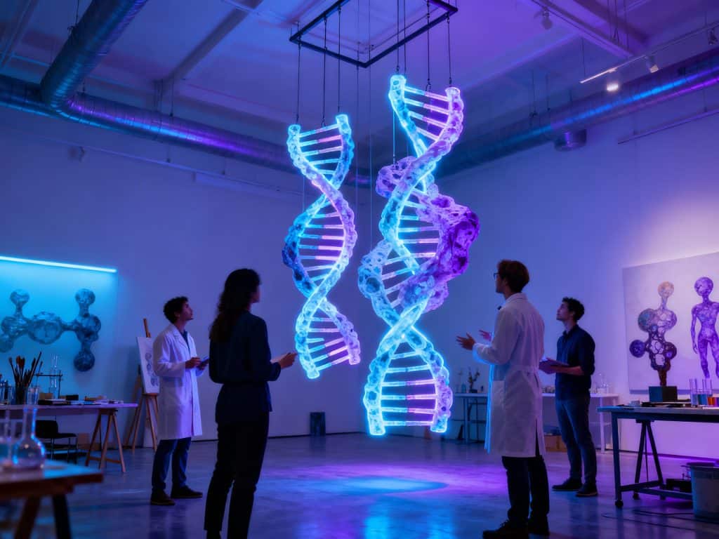 네온빛 DNA 구조를 분석하는 과학자들의 협업 실험실