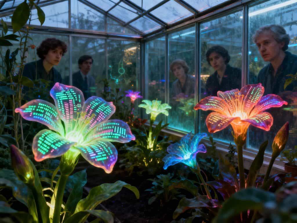 디지털 빛으로 피어난 인공 생명체 꽃을 관찰하는 연구자들