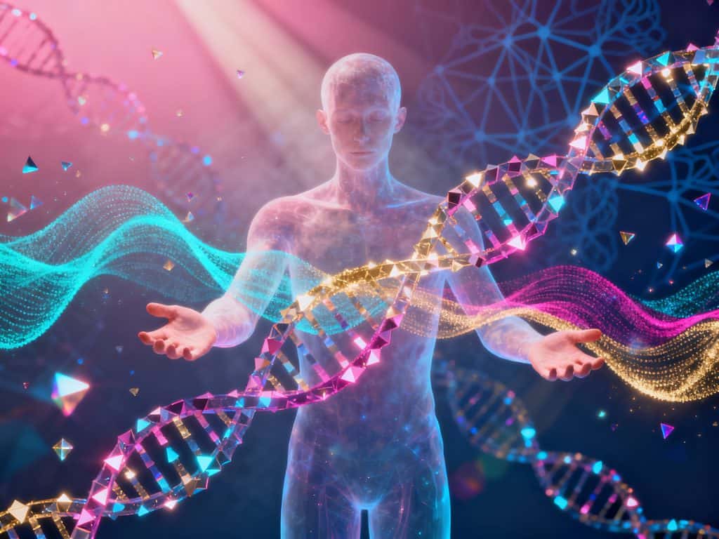 인간과 DNA의 융합을 상징하는 디지털 생명 예술 이미지