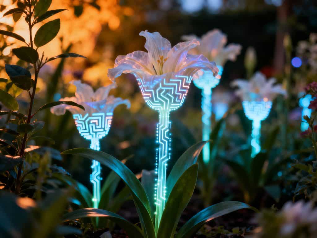 회로로 형상화된 디지털 꽃, 기술과 자연의 융합 상징