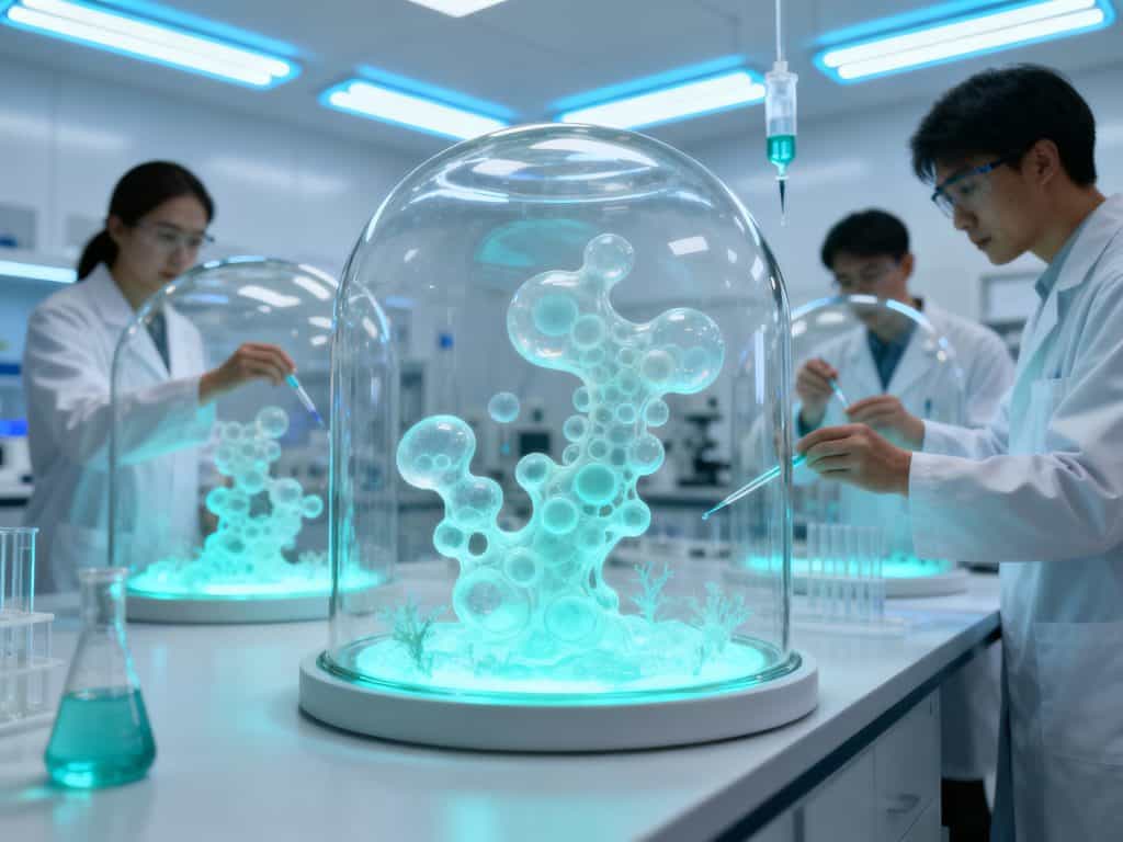 유전자 구조를 실험 중인 바이오테크 연구실의 미래적 장면