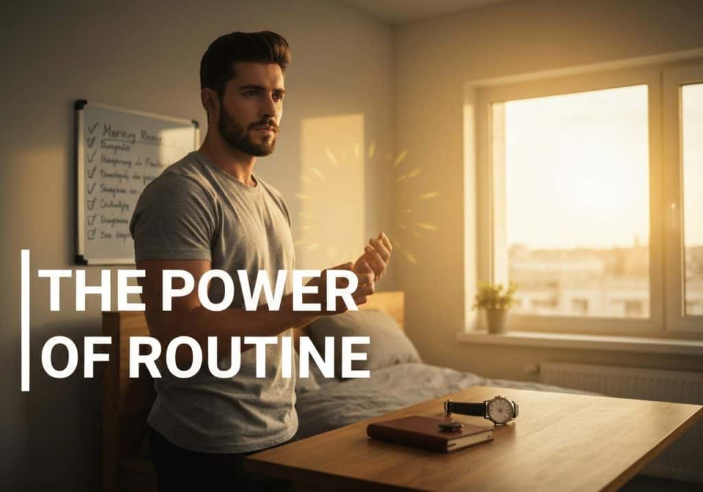 빨간 7번 유니폼 입은 남성, 주먹 쥐고 나무 토막 두드리며 행운 기원. 주변에 네잎클로버·토끼발·7 숫자 떠 있는 미신 심리학 포스터.