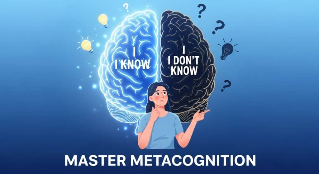 여성이 턱 괴며 생각, 머리 위로 빛나는 파란 뇌 반쪽 'I KNOW', 검은 뇌 반쪽 'I DON'T KNOW' 쓰여 있고 물음표·전구 떠 있는 메타인지 개념 일러스트. 'MASTER METACOGNITION'