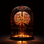 편향된 생각 화살로 만든 뇌 모양의 철장이 안에 갇힌 사람 형상을 가두고 있습니다. 뇌는 기만적인 빛을 내고 있습니다.