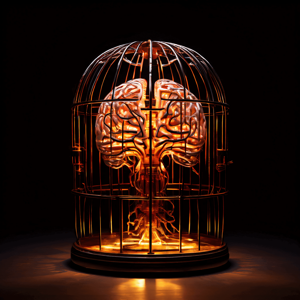 편향된 생각 화살로 만든 뇌 모양의 철장이 안에 갇힌 사람 형상을 가두고 있습니다. 뇌는 기만적인 빛을 내고 있습니다.