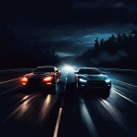 어두운 야간 고속도로에서 두 대의 차량이 서로를 향해 전조등을 겨누며 질주하는 긴장된 대치 상황이다.