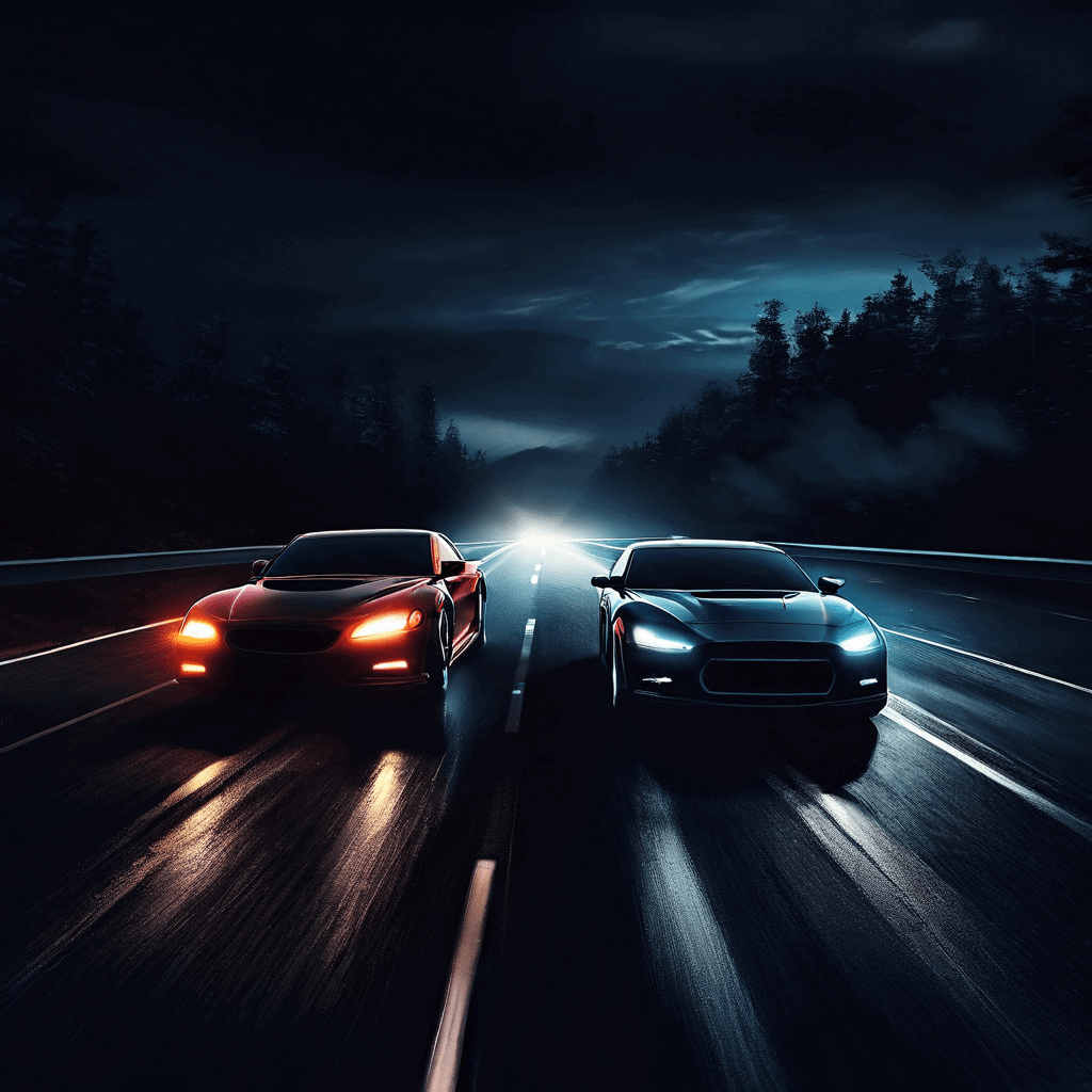 어두운 야간 고속도로에서 두 대의 차량이 서로를 향해 전조등을 겨누며 질주하는 긴장된 대치 상황이다.