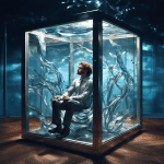 투명한 유리 상자 안에서 피로에 지친 한 사람이 소용돌이치는 집착의 생각들에 갇혀 포기하지 않고 버티는 모습이다.