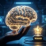 빛나는 인간의 뇌가 황금 회로처럼 빛나는 신경망을 뻗어 멀리 빛나는 보상 기호를 향해 닿는 모습이다.