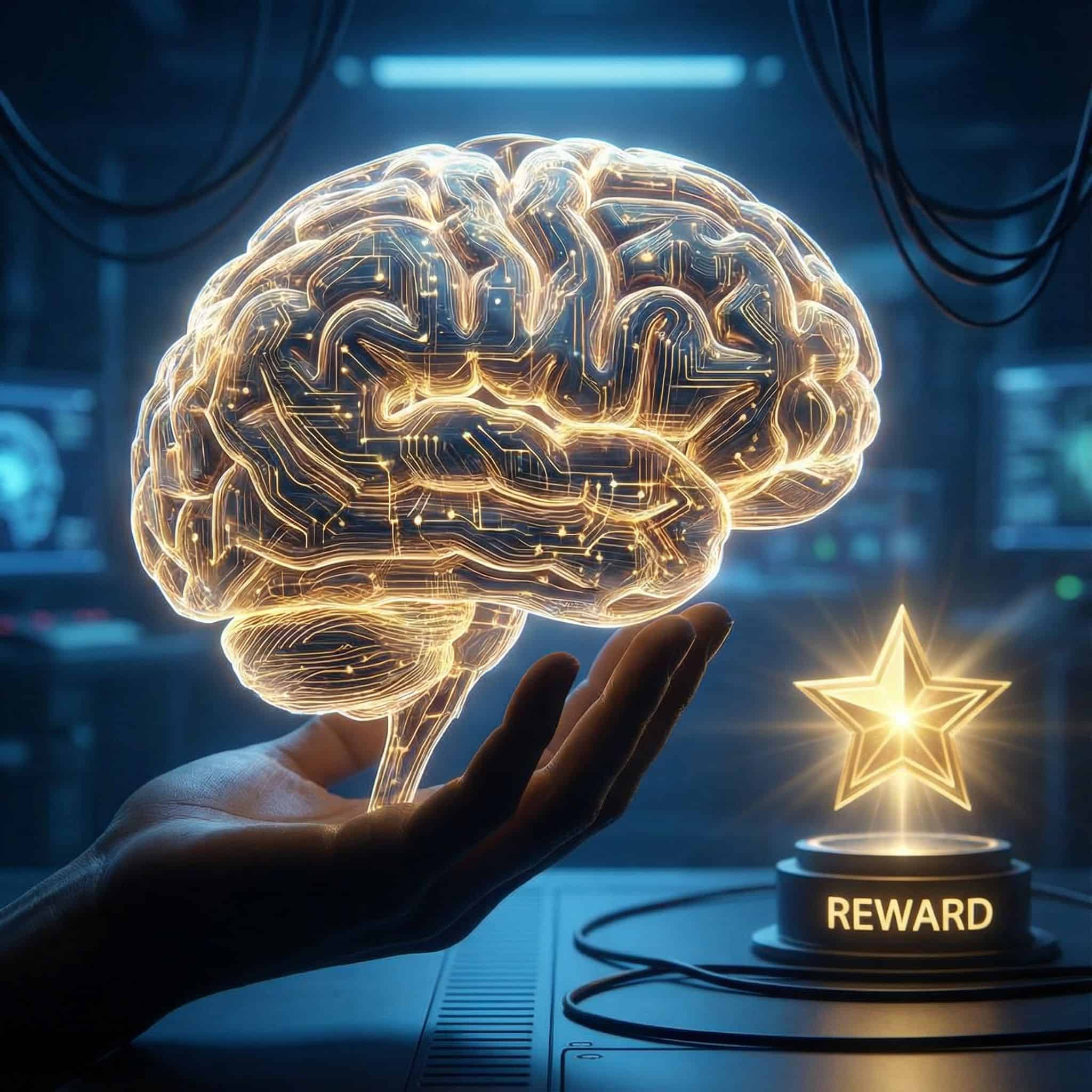 빛나는 인간의 뇌가 황금 회로처럼 빛나는 신경망을 뻗어 멀리 빛나는 보상 기호를 향해 닿는 모습이다.