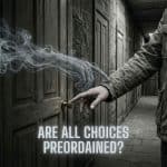 여러 개의 똑같은 문 앞에서 연기로 만들어진 손이 사람의 손을 은유적으로 이끄는 모습이다.