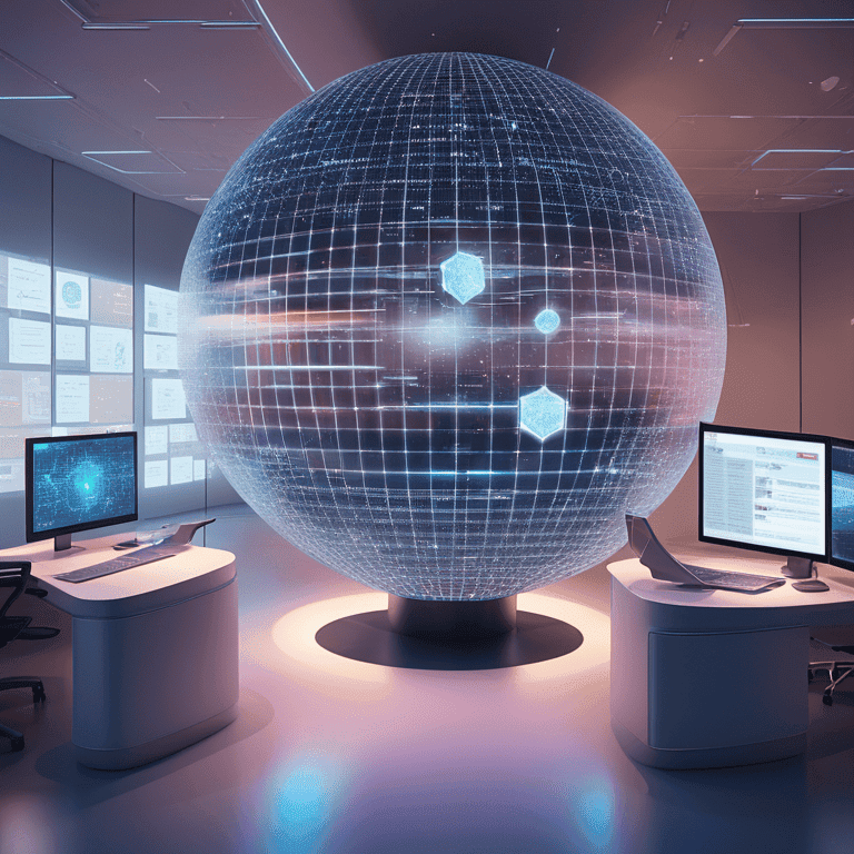 거대한 홀로그램 구체가 방 중앙에서 데이터를 시각화하며 분석 환경을 형성하는 미래형 워크스테이션