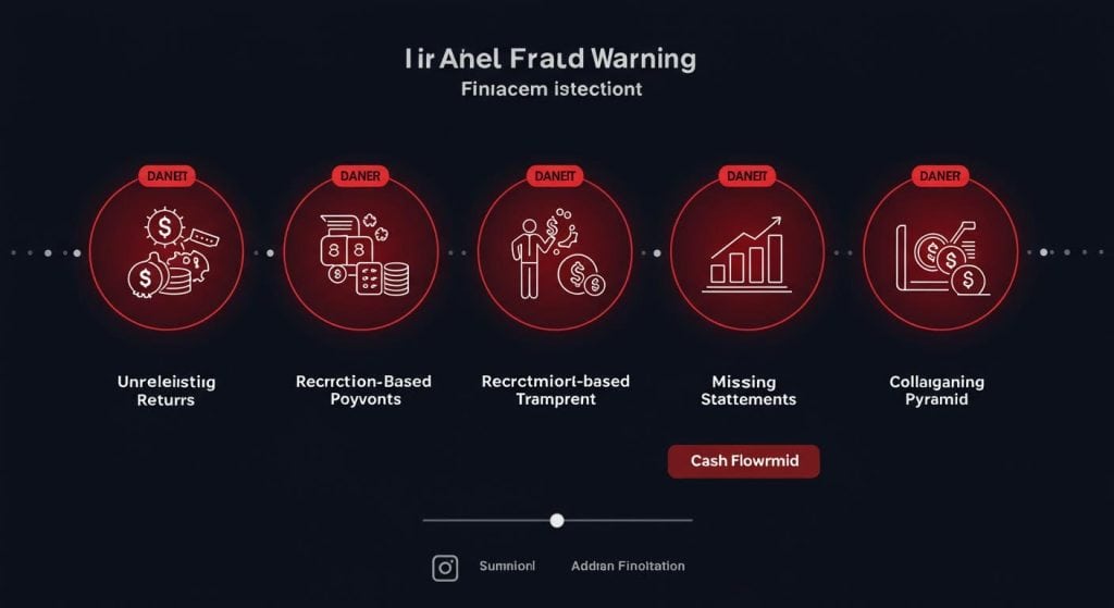 여러 유형의 금융 사기 징후를 아이콘과 단계별 흐름으로 정리한 경고 인포그래픽