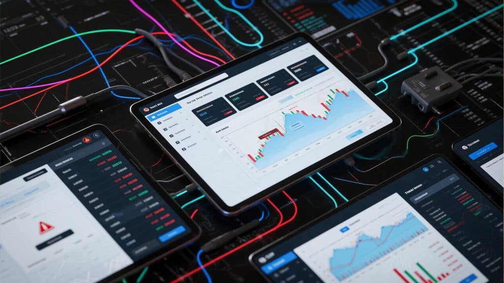여러 태블릿에 주가 차트와 지표 분석 화면이 펼쳐진 금융 데이터 대시보드 구성