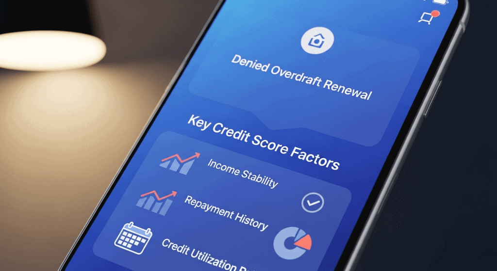 대출 갱신 거절 사유와 주요 신용 점수 요소가 표시된 모바일 금융 앱 화면