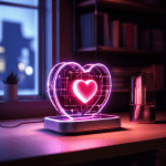 흰 선반 위에 흔들리는 사람 심장 모양의 무선 공유기가, 옆에 놓인 반짝이는 새 모델 옆에서 불안정하게 흔들리는 모습이다.