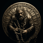 거대한 금색 동전에 사슬로 묶인 사람이 고통스러운 표정으로 벗어나려 애쓰는 모습이다.