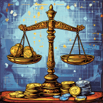 저울 한쪽에는 카지노 칩과 카드가, 다른 쪽에는 주식 차트와 동전이 놓여 양쪽이 균형을 이루고 있습니다.