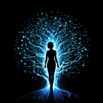 빛나는 디지털 타임라인이 여러 갈래로 뻗어 각기 다른 사람의 실루엣 프로필로 연결되는 모습이다.