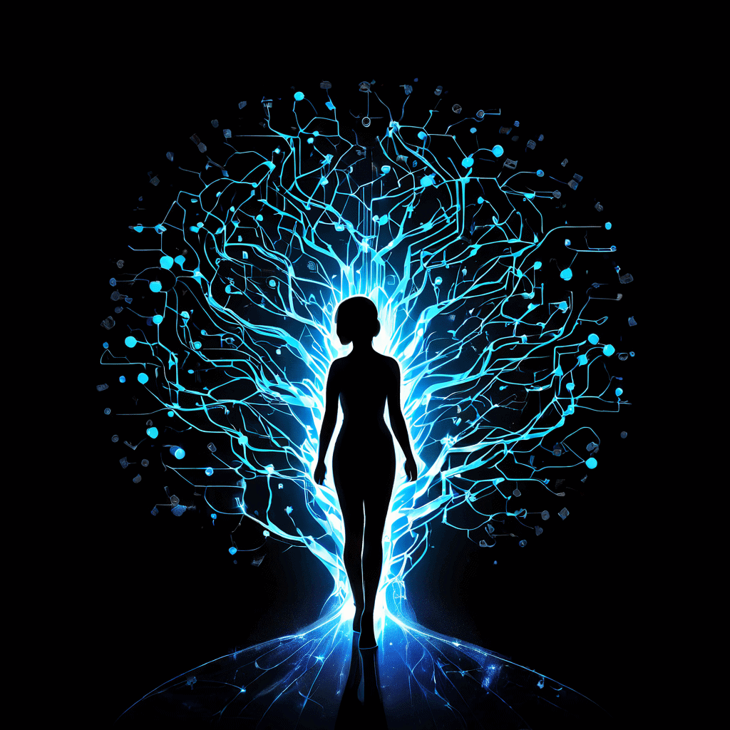 빛나는 디지털 타임라인이 여러 갈래로 뻗어 각기 다른 사람의 실루엣 프로필로 연결되는 모습이다.